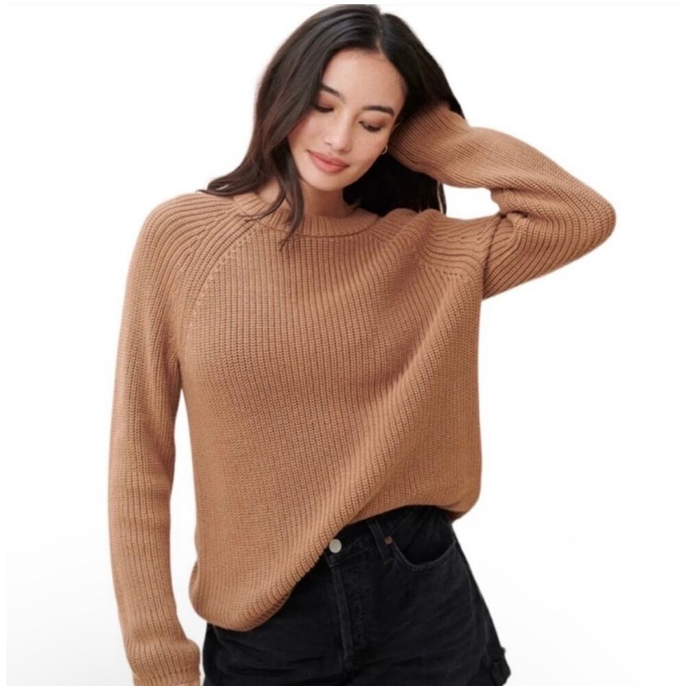 Jenni Kayne Cotton Fisherman Sweater Brown Relaxed Knit Pullover Size L